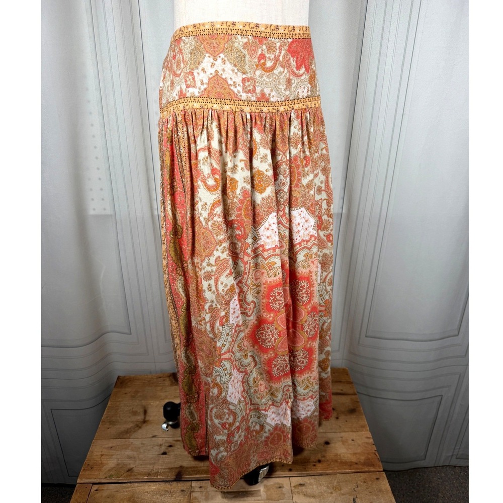 House of Harlow 1960 Orange Paisley Smocked Back Maxi Skirt Linen Blend M 33" - Picture 4 of 12